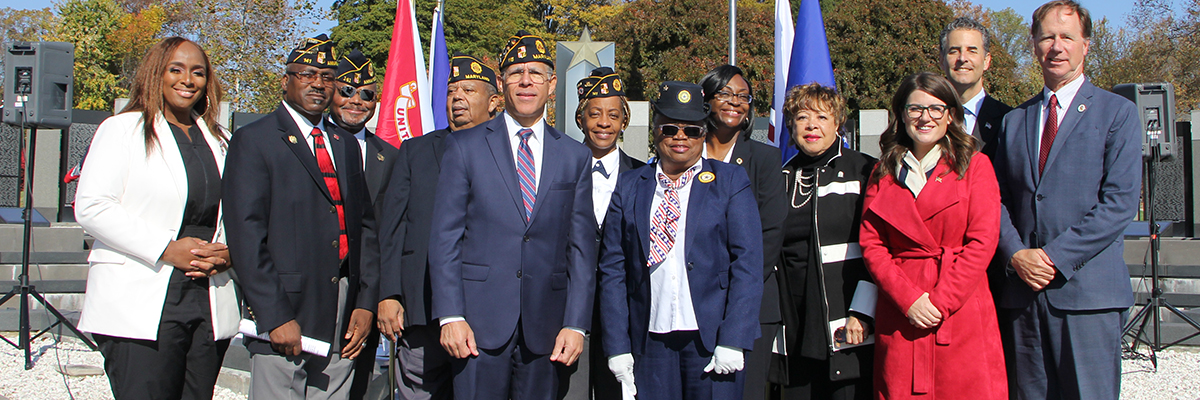 Attorney General Anthony Brown commemorates Veterans Day at the WWII Memorial in Annapolis.